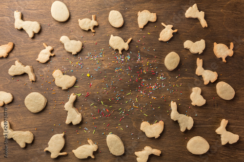 Easter gingerbread cookies. Eggs and rabbits. Top view