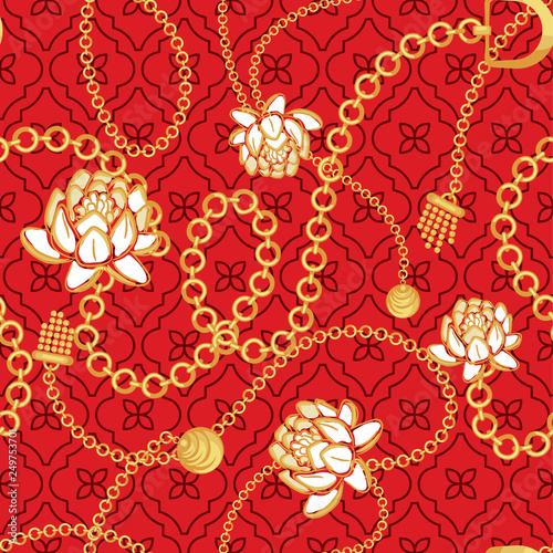 Gold chains red net pattern with bold flowers fashion vector design.