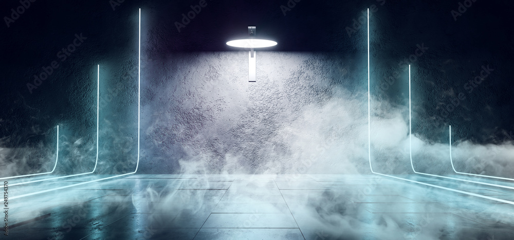 Smoke Sci Fi Neon Blue Glowing Laser Led Futuristic Modern Empty Dance Lights On Grunge Reflective Concrete Texture Lines Tiled Alien Ship Background 3D Rendering