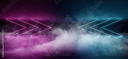 Smoke Sci Fi Arrow Shaped Neon Purple Pink Blue Glowing Laser Led Futuristic Modern Empty Dance Lights On Grunge Reflective Concrete Texture Lines Tiled Alien Ship Background 3D Rendering