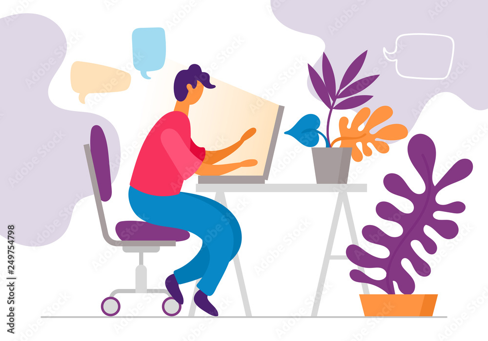 Young man working on computer in search of ideas, problem solving, chatting, brainstorming business concept Young man working on computer in search of ideas, problem solving, chatting, brainstorming business concept