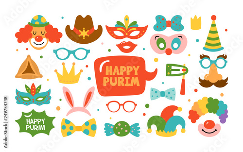 Purim holiday cute carnival costume masks and elements set.