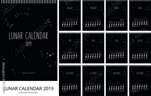Vector lunar calendar 2019 with moon phases. Set of 12 calendar page. Unique design with hand drawn elements.