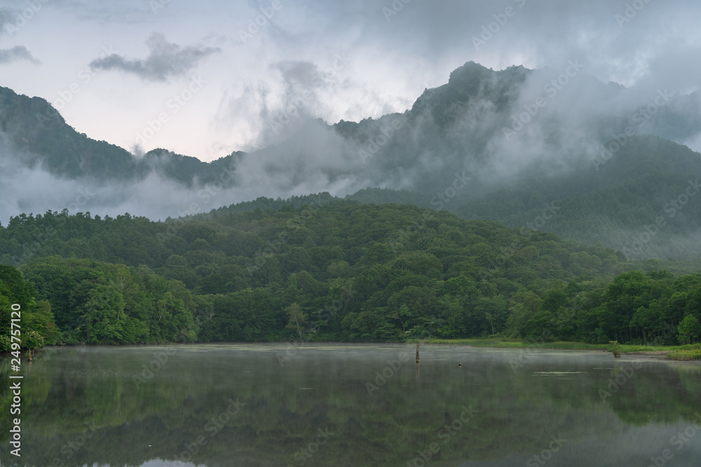 Kagami pond with misty mountain Kagami pond with misty mountain