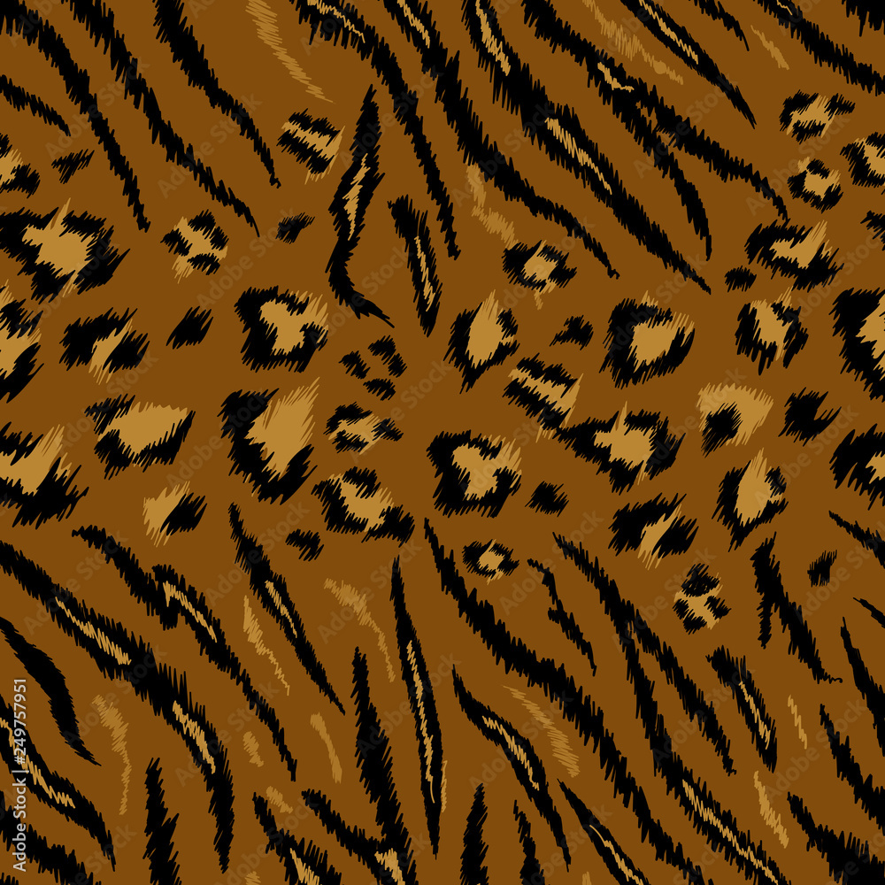 Tiger Leopard Texture Seamless Animal Pattern. Striped Fabric Background  Wild Animals Skin Fur. Fashion Abstract Design Print for Wallpaper, Decor.  Vector illustration Stock Vector | Adobe Stock