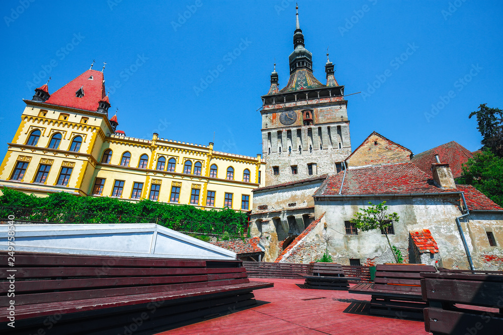 Fototapeta premium Famous clock tower build by Saxons in the nice touristic city Sighisoara.