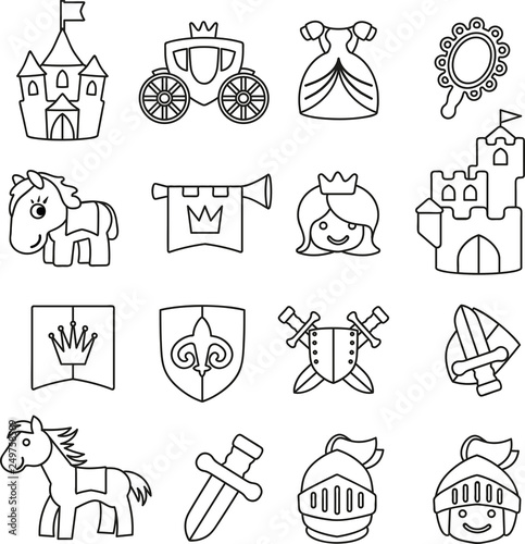 Vektor Set Grafiken Ausmalbild Ritter und Mittelalter