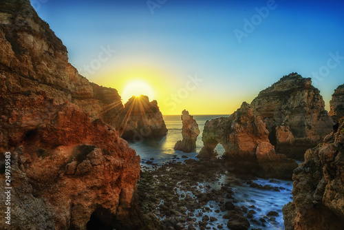 Sunset on beautiful coast of sea  Ponta da Piedade  Algarve  Portugal