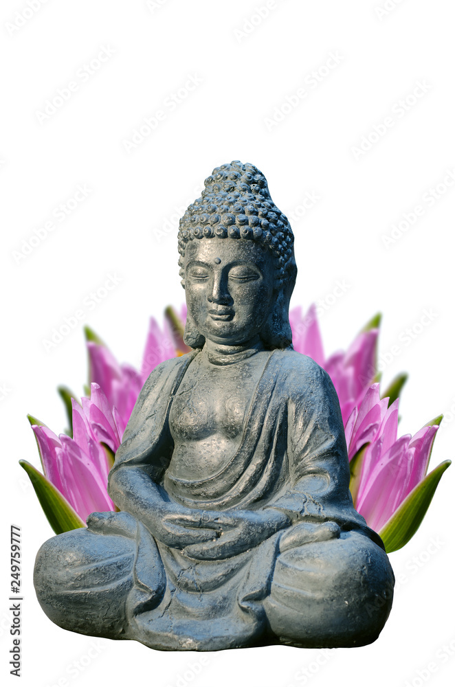 Obraz premium Buddha statue with lily flower behind it. Religious theme template with space for text.