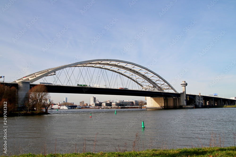The Van Brienenoordbrug as suspension bridge over the nieuwe maas river on motorway A16 in Rotterdam the Netherlands
