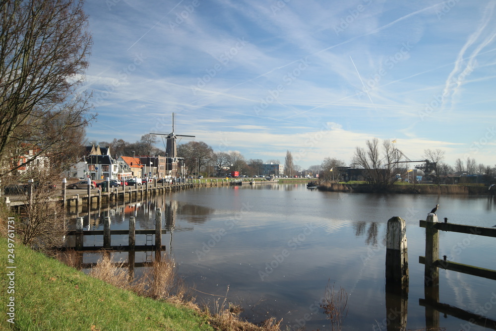 Oude Veerstal along the quay of river hollandsche IJssel in Gouda The Netherlands