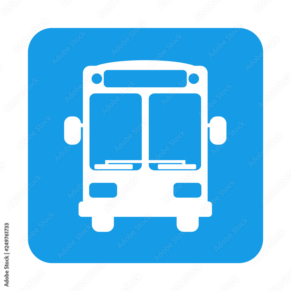 Icono plano autobús vista frontal en cuadrado color azul Icono plano autobús vista frontal en cuadrado color azul