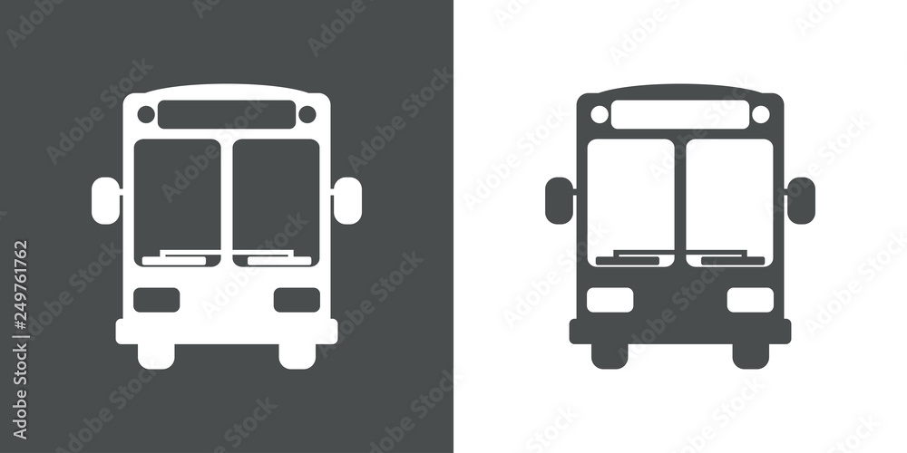 Icono plano autobús vista frontal en gris y blanco Icono plano autobús vista frontal en gris y blanco