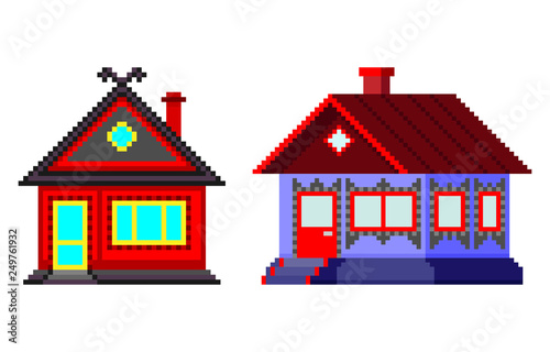 Pixel houses. Vector illustration. Isolated object on white background. Isolate.