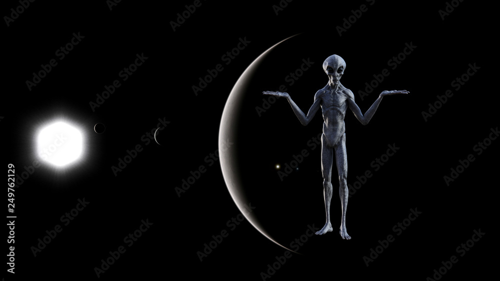 Illustration of a gray alien in space with hands up in a whatever gesture with a sun moon and silhouette of a planet in the background.