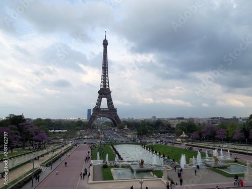 Beautiful view of the blooming gardens and  Eiffel tower, Paris,France
