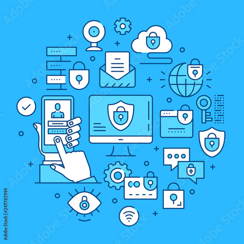 Data security concepts line art. Modern graphics elements, outline symbols, thin line icons set for websites, web banners, mobile apps, infographics. Vector illustration