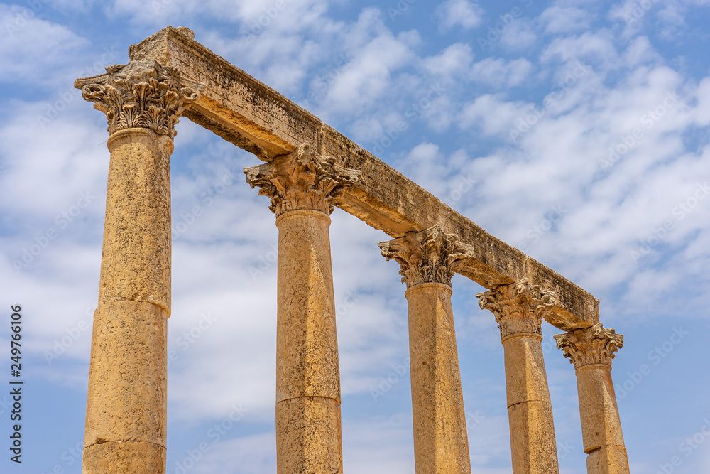 Close up of ruins of colonnade in the Roman city of Jerash, Jordan