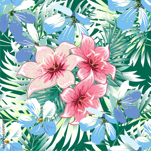 Seamless pattern of a tropical palm tree  jungle leaves and flowers. Hand drawing. Vector floral pattern.