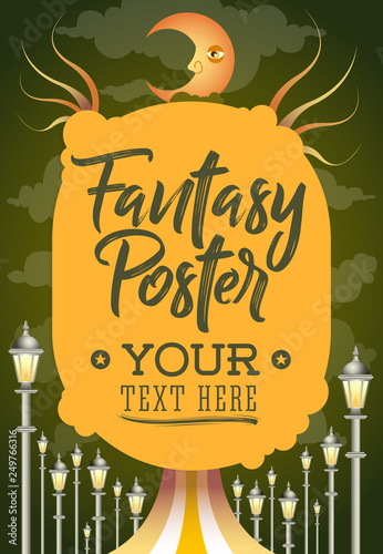 Moon and Clouds Night Fantasy Conceptual Poster Template, vector illustration design.