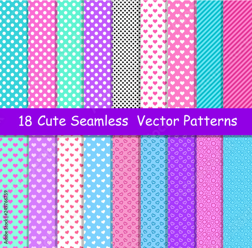 Seamless vector patterns in lol doll surprise style. Endless background with hearts, stripes and polka dots. Decor for children's birthday, girls party, gift wrapping.