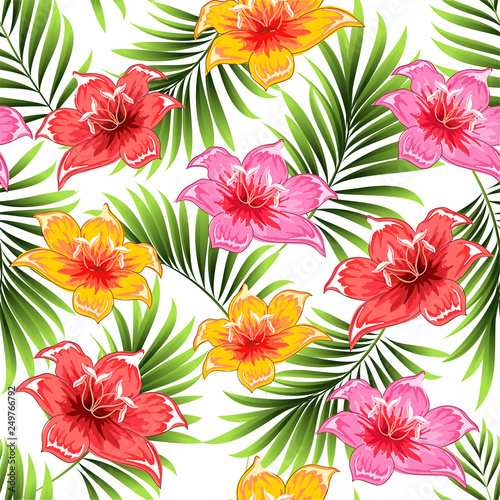 Seamless pattern of a tropical palm tree, jungle leaves and flowers. Hand drawing. Vector floral pattern. © podtin