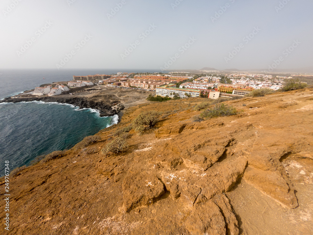 Spectacular coastal view of Playa Amarilla with desert landscape.