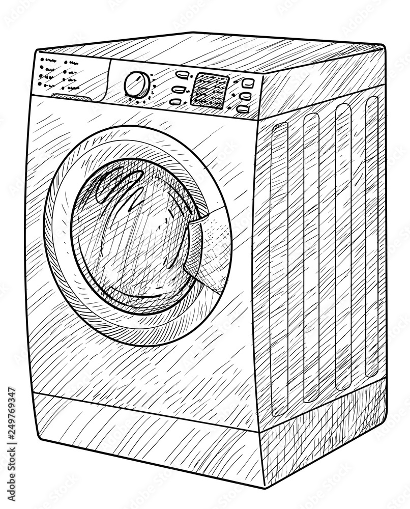 Washing machine illustration, drawing, engraving, ink, line art, vector