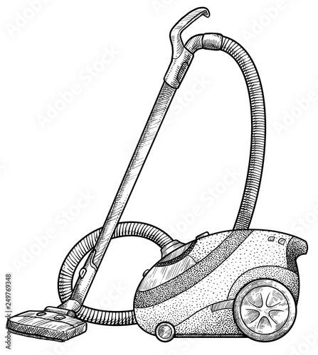 Vacuum cleaner illustration, drawing, engraving, ink, line art, vector
