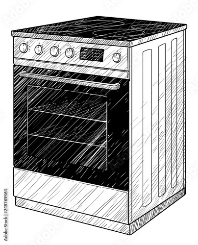 Electric stove illustration, drawing, engraving, ink, line art, vector