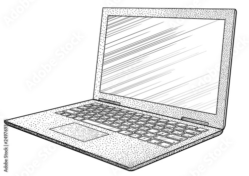 Laptop illustration, drawing, engraving, ink, line art, vector