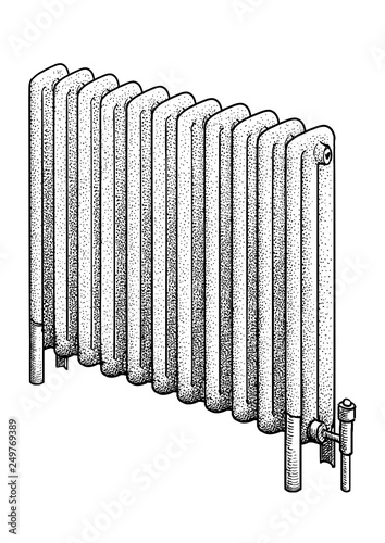 Radiator, heater illustration, drawing, engraving, ink, line art, vector