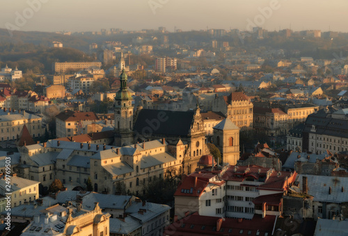 LVIV/UKRAINE-: Top view from of the city hall in Lviv, Ukraine. Lviv bird's-eye view. Lviv old town from above. Aerial view of Latin Cathedral.