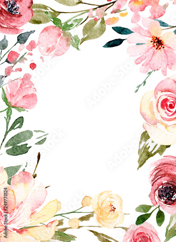 Fototapeta Naklejka Na Ścianę i Meble -  Watercolor flowers, floral frame border for greeting card, invitation and other printing design. Isolated on white. Hand drawing.