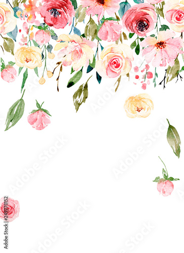 Watercolor flowers, floral frame for greeting card, invitation and other printing design. Isolated on white. Hand drawing. © Larisa