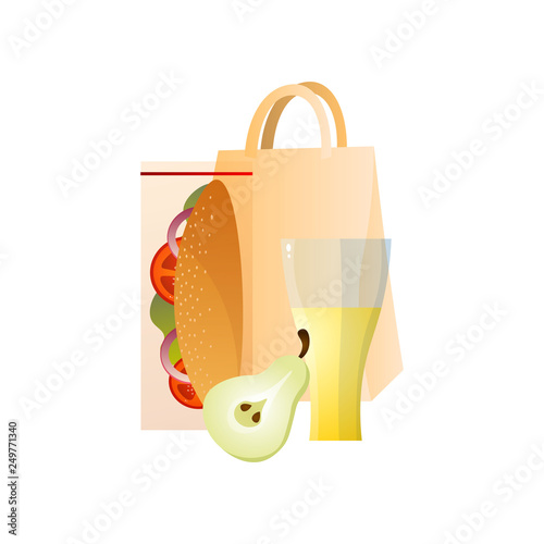 Lunch Box with Healthy Food, Sandwich, Pear and Glass of Juice, School Lunch in Paper Packaging Vector Illustration