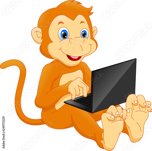 cute monkey using laptop cartoon 