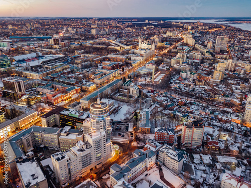 Evening winter Voronezh downtown. Revolution prospect and historical center from drone 