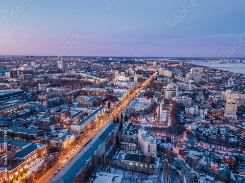 Evening winter Voronezh downtown. Revolution prospect and historical center from drone 