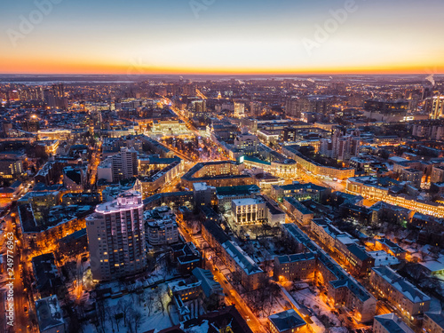 Night Voronezh downtown district. Aerial panoramic view taken by drone © Mulderphoto