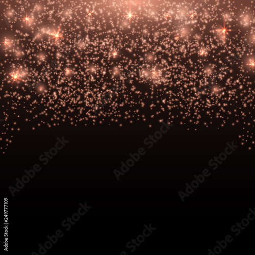Living coral border neon confetti isolated on black. The color of 2019 year. Falling sparkles particles. Glowing dust vector background. The color of 2019 year. Rose gold shimmer effect.