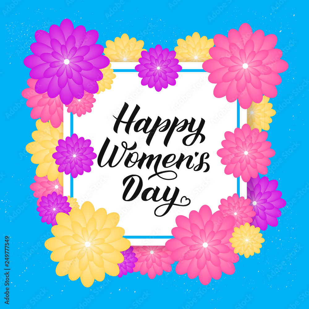 Happy Women’s Day calligraphy lettering with colorful spring flowers. Origami paper cut style vector illustration. International womens day party invitations, poster, banner, greeting cards, etc.