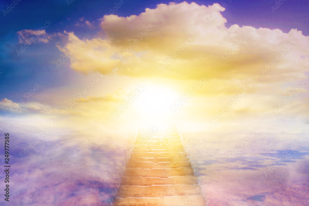Light in dark sky . Stairs in sky . Religion for the person . Way to heaven . Religious background . Way to success