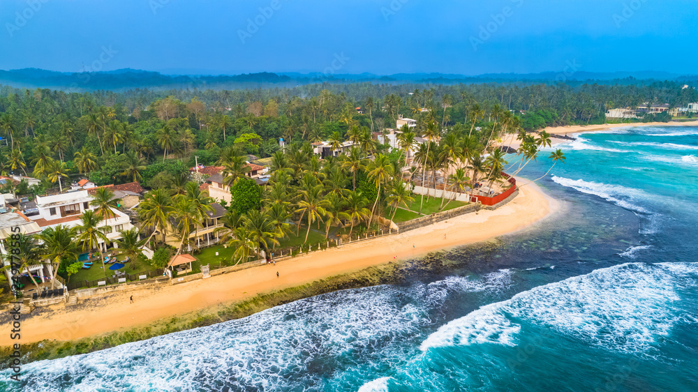 Aerial. Beach view in Unawatuna, Sri Lanka.