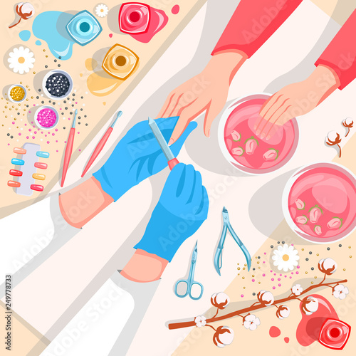 Manicure, hands and nails care top view vector illustration. Beauty salon and spa procedure concept
