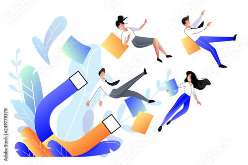 Attraction customers, buyers and marketing strategy. Big magnet attracts people, business metaphor. Vector illustration.