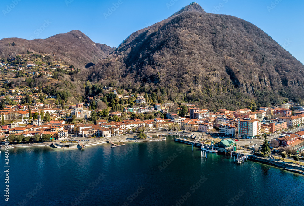 Aerial view of Laveno Mombello on the coast of lake Maggiore, province of Varese, Italy Aerial view of Laveno Mombello on the coast of lake Maggiore, province of Varese, Italy