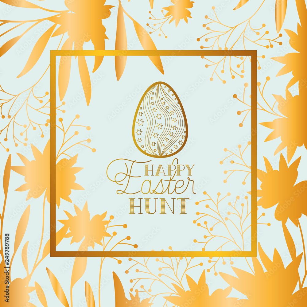 Obraz premium happy easter golden frame with egg painted and leafs