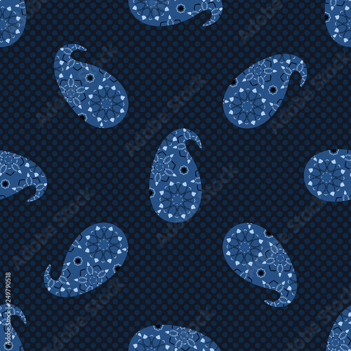 Indigo blue dye paisley damask illustration. Hand drawn seamless vector pattern all over print. Arabic indian style foulard drop motif. Decorative stylized shawl design, boho persian home decor.