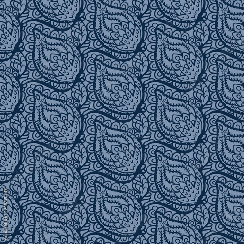 Indigo blue dye paisley damask illustration. Hand drawn seamless vector pattern all over print. Arabic indian style foulard drop motif. Decorative stylized shawl design, boho persian home decor.